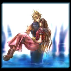 Rule 34 | 1boy, 1girl, aerith gainsborough, blonde hair, blue pants, blue shirt, boots, brown hair, carrying, cloud strife, cropped jacket, dress, closed eyes, final fantasy, final fantasy vii, final fantasy vii remake, flower, forgotten city, garakuta (chika), gloves, hair down, jacket, long dress, long hair, pants, partially submerged, pink dress, popo (popochan-f), princess carry, red jacket, shirt, spiked hair, square enix, suspenders, turtleneck, water, wavy hair, yellow flower