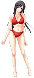 Rule 34 | 1girl, barefoot, bikini, black hair, blue eyes, breasts, cleavage, covered erect nipples, female focus, full body, helter skelter, highres, kagami miu, large breasts, long hair, looking at viewer, navel, nipples visible through bikini, nipples visible through swimsuit, orimiya mai, red bikini, simple background, smile, solo, swimsuit