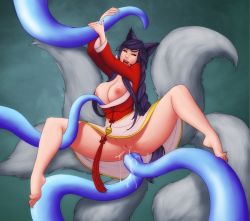 Rule 34 | 1girl, ahri (league of legends), alternate hairstyle, anal, animal ears, barefoot, blush, braid, breasts, cleavage reach, cleft of venus, collaboration, collaboration request, colorized, double anal, facial mark, feet, fucked silly, large breasts, league of legends, lm (legoman), long hair, multiple anal, multiple insertions, multiple tails, nipples, orange eyes, purple hair, pussy, single braid, solo, spread legs, tail, tentacles, tongue, tongue out, uncensored, whisker markings