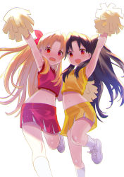 Rule 34 | 2girls, arm up, armpits, backlighting, bare shoulders, black hair, blonde hair, blush, breasts, cheerleader, crop top, ereshkigal (fate), fate/grand order, fate (series), hair ribbon, highres, holding, holding pom poms, ishtar (fate), long hair, looking at viewer, midriff, miniskirt, multiple girls, navel, open mouth, parted bangs, pom pom (cheerleading), pom poms, red eyes, red shirt, red skirt, ribbon, shirt, shoes, simple background, skirt, small breasts, smile, sneakers, two side up, white background, yellow shirt, yellow skirt, zenshin