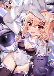 Rule 34 | 1girl, :d, animal ear fluff, animal ears, arm up, blonde hair, breasts, cat ears, cleavage, commentary, covered navel, cowboy shot, facial mark, fangs, foreshortening, groin, highres, leotard, long hair, looking at viewer, medium breasts, open mouth, red eyes, shyrei faolan, smile, solo, squchan, thighhighs, thighs, virtual youtuber, vyugen, whisker markings