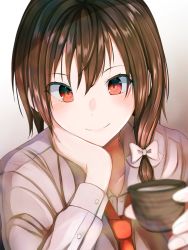 Rule 34 | 1girl, alcohol, bow, brown hair, choko (cup), collared shirt, cup, fumei (mugendai), hair bow, hand on own cheek, hand on own face, head rest, holding, holding cup, looking at viewer, necktie, no headwear, no headwear, red eyes, red necktie, sake, shirt, short hair, smile, solo, touhou, usami renko