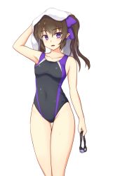 Rule 34 | 1girl, alternate costume, arm at side, armpits, bare arms, bare shoulders, breasts, brown hair, collarbone, competition swimsuit, covered navel, cowboy shot, eyebrows, gluteal fold, hair ornament, himekaidou hatate, hip focus, isaki (gomi), long hair, looking at viewer, medium breasts, no wings, one-piece swimsuit, open mouth, pointy ears, solo, swimsuit, thigh gap, thighs, touhou, towel, towel on head, twintails, wavy hair
