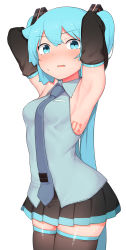 Rule 34 | 1girl, abmayo, aqua eyes, aqua hair, armpits, arms up, black skirt, black sleeves, black thighhighs, blue eyes, blush, breasts, collared shirt, commentary request, cowboy shot, detached sleeves, hatsune miku, highres, long hair, looking at viewer, necktie, number tattoo, open mouth, pleated skirt, shirt, simple background, skirt, sleeveless, sleeveless shirt, solo, sweatdrop, tattoo, thighhighs, tie clip, twintails, very long hair, vocaloid, white background, zettai ryouiki