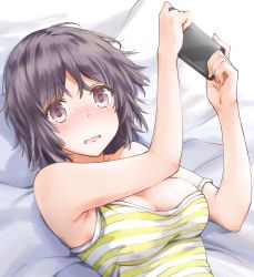 Rule 34 | 1girl, absurdres, armpits, bare shoulders, black hair, blush, breasts, brown eyes, cleavage, gamers!, highres, hoshinomori chiaki, looking at viewer, lying, medium breasts, on back, open mouth, purple eyes, short hair, solo, strap slip, upper body, wavy mouth, wing (aiastor)