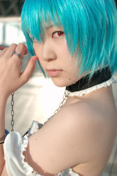 Rule 34 | ayanami rei, blue hair, cosplay, frills, kabi, lace, leash, neon genesis evangelion, photo (medium), red eyes