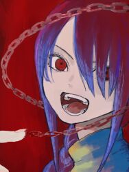 Rule 34 | 1girl, black hair, braid, braided ponytail, chain, chainsaw man, hair over one eye, highres, looking at viewer, medium hair, nayuta (chainsaw man), needbee r, open mouth, red background, red eyes, red theme, ringed eyes, sideways glance, simple background, solo, sweater