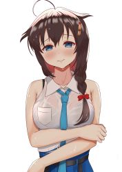 Rule 34 | 1girl, ahoge, blue eyes, blue necktie, blue skirt, blush, braid, breast pocket, breasts, brown hair, closed mouth, collarbone, collared shirt, hair between eyes, hair flaps, highres, kantai collection, large breasts, long hair, necktie, pocket, see-through, see-through shirt, shigure (kancolle), shigure kai ni (kancolle), shirt, simple background, single braid, skirt, solo, upper body, wet, wet clothes, wet shirt, white background, white shirt, zuki