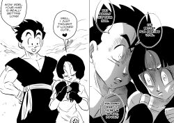 Rule 34 | 1boy, 1girl, closed eyes, comic, commentary, dougi, dragon ball, dragonball z, english commentary, english text, fingerless gloves, frown, funsexydb, gloves, greyscale, heart, highres, low twintails, monochrome, open mouth, shaded face, smile, son gohan, sweatdrop, twintails, videl, wristband