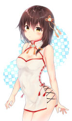 Rule 34 | 1girl, alternate costume, bad id, bad pixiv id, bare arms, bare shoulders, blush, breasts, brown eyes, brown hair, china dress, chinese clothes, cleavage, commentary request, covered navel, cowboy shot, dress, gyozanuko, hair between eyes, hair ornament, head tilt, heart, highres, long hair, looking at viewer, medium breasts, parted lips, side slit, sleeveless, sleeveless dress, solo, touhou, usami renko, v-shaped eyebrows, white background, white dress