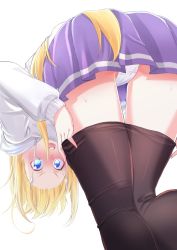 Rule 34 | 1girl, bankai321, bent over, black pantyhose, blonde hair, blue eyes, blue skirt, blush, clothes pull, commentary, crotch seam, drawstring, highres, leaning forward, long hair, long sleeves, looking at viewer, looking back, miniskirt, miya kyouko, open mouth, original, panties, pantyhose, pantyhose pull, pantyshot, pleated skirt, pulling own clothes, simple background, single horizontal stripe, skirt, solo, standing, sweat, sweater, underwear, white background, white panties, white sweater