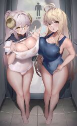 Rule 34 | 2girls, antenna hair, bathroom, blonde hair, blue one-piece swimsuit, blue sailor collar, blush, breasts, character request, cleavage, closed mouth, clothes pull, copyright request, corrupted twitter file, glasses, goat girl, goat horns, highres, horns, large breasts, long hair, looking at viewer, multiple girls, nine (kanine41), one-piece swimsuit, one-piece swimsuit pull, open mouth, ponytail, pulling own clothes, round eyewear, sailor collar, see-through, short sleeves, sidelocks, standing, swimsuit, wet, wet clothes, white hair, white one-piece swimsuit, yellow eyes