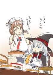 Rule 34 | 10s, 2girls, bare shoulders, basket, blue eyes, bread, breasts, brown eyes, brown hair, cake, commentary request, eating, food, food on face, hammer and sickle, hat, hibiki (kancolle), kantai collection, large breasts, littorio (kancolle), makishima azusa, multiple girls, open mouth, star (symbol), translation request, verniy (kancolle), white hair, witch hat