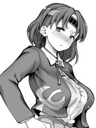 Rule 34 | 1girl, aya shachou, blush, breasts, character request, closed mouth, greyscale, hand on own hip, headband, jacket, kantai collection, large breasts, long sleeves, looking at viewer, medium hair, monochrome, open clothes, open jacket, simple background, solo, tassel, white background