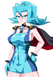 Rule 34 | 1girl, aqua eyes, aqua hair, blue gloves, breasts, cape, clair (pokemon), closed mouth, collarbone, covered navel, cowboy shot, creatures (company), game freak, gloves, hair between eyes, hand on own hip, high ponytail, highres, looking at viewer, matching hair/eyes, medium breasts, nintendo, pokemon, pokemon hgss, serious, shimure (460), simple background, skin tight, solo, thighs, white background