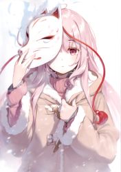 Rule 34 | 1girl, absurdres, alternate costume, blush, brown coat, casual, closed mouth, coat, contemporary, fox mask, fur-trimmed coat, fur trim, hair between eyes, hand up, hata no kokoro, highres, ke-ta, long hair, long sleeves, looking at viewer, mask, mask on head, pink eyes, pink hair, pink sweater, scan, snow, solo, sweater, tassel, touhou, turtleneck, turtleneck sweater, upper body, white background