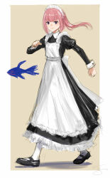Rule 34 | 1girl, alternate costume, apron, black dress, black footwear, blue eyes, blush, border, closed mouth, dress, enmaided, fish, floating hair, full body, highres, isshiki (ffmania7), juliet sleeves, kaf (kamitsubaki studio), kamitsubaki studio, laplace (kamitsubaki studio), long dress, long hair, long sleeves, looking at viewer, maid, maid apron, maid headdress, mary janes, multicolored eyes, pantyhose, pink hair, ponytail, puffy sleeves, red eyes, shoes, signature, simple background, sleeve cuffs, smile, solo, v-shaped eyebrows, virtual youtuber, walking, white apron, white border, white pantyhose, yellow background, yellow pupils