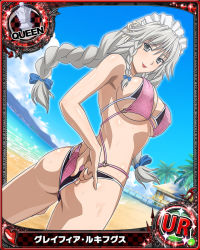 Rule 34 | 10s, 1girl, artist request, ass, bikini, braid, breasts, card (medium), character name, chess piece, cleavage, female focus, grayfia lucifuge, grey eyes, grey hair, high school dxd, large breasts, layered bikini, lipstick, long hair, maid headdress, makeup, matching hair/eyes, official art, queen (chess), solo, swimsuit, trading card, twin braids, underboob