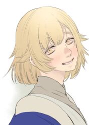 Rule 34 | 1girl, blonde hair, blue jacket, bob cut, dungeon meshi, eyelashes, falin touden, falin touden (tallman), from side, grey shirt, hair flaps, highres, jacket, looking at viewer, looking to the side, portrait, rock54t, shirt, short hair, simple background, smile, solo, white background, yellow eyes