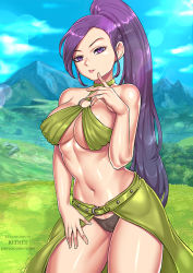 Rule 34 | 1girl, artist name, bare shoulders, black panties, blue sky, bra, breasts, cape, dragon quest, dragon quest xi, green bra, green cape, high ponytail, large breasts, lens flare, long hair, martina (dq11), midriff, mountain, navel, o-ring bra, panties, patreon username, ponytail, purple eyes, purple hair, redjet, sky, solo, underboob, underwear, very long hair, waist cape