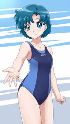 Rule 34 | 1girl, bishoujo senshi sailor moon, blue eyes, blue hair, breasts, collarbone, commentary request, competition swimsuit, cowboy shot, dengeki gx, foreshortening, highres, mizuno ami, one-piece swimsuit, reaching, reaching towards viewer, short hair, small breasts, solo, standing, swimsuit, two-tone swimsuit
