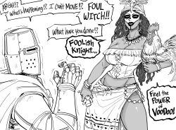 Rule 34 | 1girl, 1koma, 1other, absurdres, animal, armor, bb (baalbuddy), bird, carrying, chicken, comic, commentary, dark-skinned female, dark skin, earrings, english commentary, english text, facepaint, full armor, greyscale, grin, head scarf, helm, helmet, highres, holding, hoop earrings, jewelry, long hair, looking at another, midriff, monochrome, necklace, original, sarong, smile, stomach, strapless, very long hair, voodoo doll