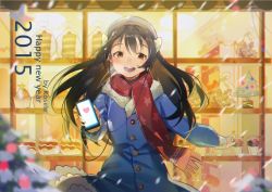 Rule 34 | 10s, 1girl, 2015, :d, artist name, black hair, blurry, blush, cake, cellphone, christmas, christmas ornaments, christmas tree, coat, depth of field, earbuds, earphones, food, happy new year, hat, heart, long hair, looking at viewer, love live!, love live! school idol festival, love live! school idol project, new year, open mouth, phone, rosele, scarf, shop, smartphone, smile, snow, snowing, solo, sonoda umi, very long hair, window, winter, yellow eyes