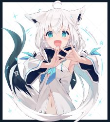 Rule 34 | 1girl, ahoge, animal ear fluff, animal ears, anniversary, armpits, blue neckerchief, blush, braid, breasts, detached sleeves, earrings, extra ears, fingers together, fox ears, fox girl, fox shadow puppet, fox tail, green eyes, hair between eyes, highres, hololive, hood, hoodie, jewelry, long hair, looking at viewer, making-of available, midriff, nagishiro mito, navel, neckerchief, open mouth, pentagram, shirakami fubuki, shirakami fubuki (1st costume), sidelocks, simple background, single braid, small breasts, solo, tail, upper body, virtual youtuber, white background, white hair, white hoodie