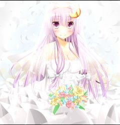 Rule 34 | 1girl, alternate costume, blush, bouquet, breasts, bridal veil, cleavage, crescent, crescent hair ornament, dress, ehimedaisuki, elbow gloves, female focus, flower, gloves, hair ornament, hair ribbon, highres, letterboxed, long hair, patchouli knowledge, pink flower, pink rose, purple eyes, purple hair, ribbon, rose, smile, solo, touhou, veil, warabi mochi (ehimedaisuki), wedding dress, yellow flower, yellow rose