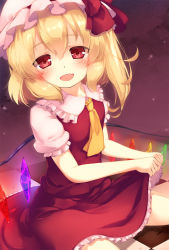 Rule 34 | 1girl, :d, ascot, blonde hair, blush, checkered floor, clothes lift, collarbone, crystal, dress, dress lift, fang, flandre scarlet, frilled shirt collar, frills, gengetsu chihiro, hat, hat ribbon, lifting own clothes, looking at viewer, mob cap, open mouth, petticoat, puffy short sleeves, puffy sleeves, red dress, red eyes, red ribbon, ribbon, short sleeves, side ponytail, sitting, smile, solo, touhou, wings