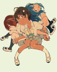 3girls :d ahoge black_socks blue_eyes blue_hair blue_socks blush bow brown_hair collarbone collared_shirt dark_skin doyoufeellucky eating flower_hairpin food-themed_hair_ornament from_above from_below fruit_hair_ornament green_bow grey_skirt hair_ornament hairpin highres holding_hands komari_chika lemon_hair_ornament looking_at_viewer make_heroine_ga_oo_sugiru! medium_hair multiple_girls open_mouth pleated_skirt red_hair school_uniform shirt short_hair side_ponytail simple_background sitting skirt smile socks summer_uniform thighs white_footwear white_shirt white_socks yakishio_lemon yanami_anna yellow_bow yellow_eyes