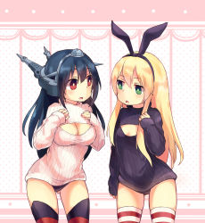 Rule 34 | 10s, 2girls, absurdres, arm at side, black hair, black panties, black sweater, blonde hair, bottomless, breast suppress, breasts, cleavage, cleavage cutout, clothing cutout, cowboy shot, d:, eye contact, eyebrows, gluteal fold, green eyes, hair between eyes, headband, headgear, highres, kantai collection, large breasts, legs apart, long hair, long sleeves, looking at another, meme attire, multiple girls, nagato (kancolle), no pants, open-chest sweater, open mouth, panties, parted lips, polka dot, red eyes, ribbed sweater, shade, shimakaze (kancolle), sleeves past wrists, small breasts, striped clothes, striped legwear, striped thighhighs, surprised, sweater, tamo-chan, tamomoko, thighhighs, triangle mouth, turtleneck, underwear, white sweater