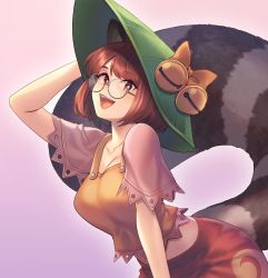 Rule 34 | 1girl, animal ears, bell, breasts, brown shirt, brown hair, brown skirt, brown tail, cleavage, collarbone, commentary request, frilled shirt, frilled sleeves, frills, futatsuiwa mamizou, glasses, hair ornament, highres, jingle bell, leaf, leaf hair ornament, leaf on head, leaning forward, medium breasts, midriff, open mouth, raccoon ears, raccoon tail, round eyewear, short hair, short sleeves, skirt, tail, tanuki, tarmo, touhou, upper body