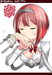 Rule 34 | 10s, 1girl, 2017, ark royal (kancolle), bob cut, breasts, cleavage cutout, clothing cutout, dated, closed eyes, hairband, hand kissing, hebitsukai-san, highres, kantai collection, kissing hand, long sleeves, red hair, red ribbon, ribbon, short hair, small breasts, solo, solo focus, tiara, twitter username, upper body