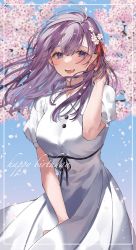 Rule 34 | absurdres, blue sky, breasts, cherry blossoms, dress, fate/stay night, fate (series), hair between eyes, hand in own hair, highres, lips, matou sakura, nose, official alternate costume, purple eyes, purple hair, red ribbon, ribbon, shimatori (sanyyyy), sky, solo, white dress