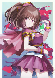 Rule 34 | 1girl, armor, breastplate, brown hair, capelet, clown mask, cowboy shot, doppelganger arle, hair between eyes, hand up, highres, holding, holding mask, legs apart, madou monogatari, mask, medium hair, miniskirt, omochishiki, outline, pink capelet, pleated skirt, purple armor, purple eyes, purple skirt, puyopuyo, skirt, smile, solo, torn capelet, torn clothes, white outline