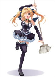 Rule 34 | 1990s (style), 1girl, ;d, bare shoulders, bat wings, black thighhighs, blonde hair, bow, breasts, broom, brown eyes, carrot, cleavage, detached sleeves, frills, garter belt, gothic lolita, hair bow, highres, hinata mutsuki, kinoshita rumi, lace, lace-trimmed legwear, lace trim, lolita fashion, maid, one eye closed, open mouth, pia carrot (series), pia carrot e youkoso!!, retro artstyle, ribbon, skirt, smile, solo, thighhighs, twintails, waitress, wings, wink, zettai ryouiki