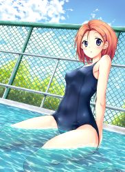 Rule 34 | 1girl, akita hika, bad id, bad pixiv id, blue eyes, chain-link fence, fence, hair ornament, hairclip, highres, one-piece swimsuit, orange hair, original, partially submerged, pool, school swimsuit, shallow water, short hair, sitting, solo, swimsuit, wariza, water