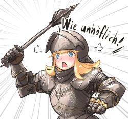 Rule 34 | armor, blonde hair, blue eyes, blush, breastplate, chainmail, commentary, english commentary, flanged mace, full armor, gauntlets, german text, gloves, perlweiss (ironlily), helmet, highres, holding, holding weapon, ironlily, knight, long hair, looking at viewer, open mouth, original, pauldrons, shoulder armor, simple background, solo, translated, upper body, weapon, white background