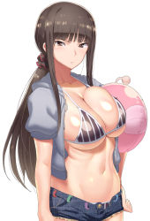 Rule 34 | 10s, 1girl, anglerfish, ball, bikini, blush, breasts, brown eyes, brown hair, cleavage, collarbone, fish, frown, girls und panzer, groin, hair ornament, hair scrunchie, hood, hoodie, inflatable toy, large breasts, long hair, mature female, navel, nishizumi shiho, open clothes, open hoodie, ponytail, scrunchie, shiny skin, short shorts, shorts, sideboob, simple background, solo, striped bikini, striped clothes, swimsuit, tenchisouha, toned, unbuttoned, underboob, white background