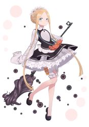Rule 34 | 1girl, abigail williams (fate), abigail williams (festival outfit) (fate), black dress, black footwear, blonde hair, bloomers, blue eyes, blush, bow, braid, butterfly hair ornament, closed mouth, commentary request, dress, fate/grand order, fate (series), forehead, full body, hair ornament, highres, keyhole, long hair, long sleeves, minoshi, official alternate costume, orange bow, parted bangs, shirt, shoes, sidelocks, simple background, sleeveless, sleeveless dress, sleeves past fingers, sleeves past wrists, solo, stuffed animal, stuffed toy, teddy bear, tentacles, underwear, very long hair, white background, white bloomers, white shirt