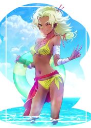 Rule 34 | 1girl, arslan altan, bandaged arm, bandages, bare legs, bare shoulders, bikini, blonde hair, blue sky, breasts, cleavage, cloud, cloudy sky, commentary request, dark-skinned female, dark skin, day, earrings, hair ornament, hair ribbon, hair stick, happy, iesupa, innertube, jewelry, long hair, looking at viewer, navel, necklace, ocean, one eye closed, outdoors, ribbon, rwby, sarong, side-tie bikini bottom, sky, smile, solo, standing, stomach, swim ring, swimsuit, underwear, v, wading, water, wink, wristband, yellow bikini, yellow eyes