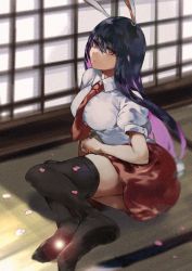 Rule 34 | 1girl, alternate hair color, animal ears, ass, asuzemu, black hair, black thighhighs, blurry, blurry background, breasts, collared shirt, colored inner hair, depth of field, expressionless, hair between eyes, highres, indoors, large breasts, long hair, looking at viewer, multicolored hair, necktie, no shoes, parted lips, petals, puffy short sleeves, puffy sleeves, purple hair, rabbit ears, rabbit girl, rabbit tail, red eyes, red necktie, red skirt, reisen udongein inaba, shirt, short sleeves, sitting, skirt, solo, swept bangs, tail, tatami, thighhighs, touhou, two-tone hair, very long hair, white shirt, yokozuwari