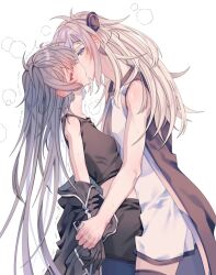 2girls black_gloves black_jacket black_tank_top blonde_hair blush breasts breath covered_erect_nipples dress emptyayya from_side gloves grey_eyes grey_hair jacket kiss long_hair multiple_girls off_shoulder simple_background sky_striker_ace_-_raye sky_striker_ace_-_roze small_breasts sweat tank_top trembling white_background white_dress yu-gi-oh! yuri