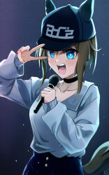 Rule 34 | 1girl, absurdres, animal ears, baseball cap, black hat, blue eyes, boc&#039;z (umamusume), breasts, brown hair, cheval grand (boc&#039;z) (umamusume), cheval grand (umamusume), choker, chokin tsucho, closed mouth, commentary request, hair between eyes, hat, highres, horse ears, horse girl, horse tail, long hair, long sleeves, looking at viewer, multicolored hair, open mouth, shirt, small breasts, solo, streaked hair, tail, teeth, umamusume, upper body, upper teeth only, v, white shirt