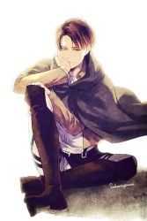 Rule 34 | 1boy, artist name, bad id, bad pixiv id, blue eyes, boots, brown cloak, brown footwear, brown hair, brown jacket, cloak, closed mouth, dress shirt, hand on own knee, head rest, jacket, knee boots, levi (shingeki no kyojin), long sleeves, looking at viewer, male focus, open clothes, open jacket, pants, sakuragawanaa, shingeki no kyojin, shirt, simple background, solo, white background, white pants, white shirt