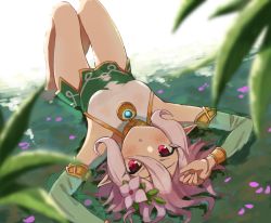 Rule 34 | 1girl, :o, arms up, bare legs, bare shoulders, barefoot, blurry, blurry foreground, blush, breasts, commentary request, depth of field, detached sleeves, dress, elf, green sleeves, hair between eyes, highres, knees up, kokkoro (princess connect!), long sleeves, looking at viewer, lying, on back, parted lips, pink eyes, pointy ears, princess connect!, puffy long sleeves, puffy sleeves, purple hair, red eyes, see-through, see-through sleeves, shallow water, sleeveless, sleeveless dress, small breasts, solo, wanimaru, water, wet, wet clothes, wet dress, white dress