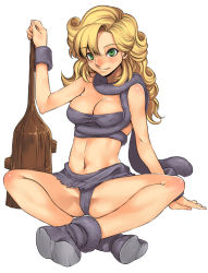 Rule 34 | 1990s (style), 1girl, ayla (chrono trigger), bikini, blonde hair, boots, bracelet, breasts, chrono (series), chrono trigger, cleavage, club (weapon), curly hair, green eyes, indian style, jewelry, crossed legs, long hair, mizuryu kei, navel, retro artstyle, revealing clothes, sitting, solo, square enix, swimsuit, wavy hair, weapon