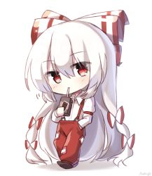 Rule 34 | 1girl, artist name, bad id, bad pixiv id, black footwear, blush, bow, chibi, chocolate milk, commentary request, drinking straw, fujiwara no mokou, full body, hair between eyes, hair bow, hand in pocket, head tilt, highres, holding, juice box, juliet sleeves, long hair, long sleeves, looking at viewer, pants, pudding (skymint 028), puffy sleeves, red eyes, red pants, shirt, shoes, signature, silver hair, simple background, solo, standing, suspenders, touhou, very long hair, white background, white bow, white shirt