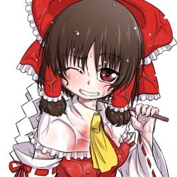 Rule 34 | 1girl, ;), bow, brown hair, clenched teeth, covered erect nipples, detached sleeves, eyebrows, gohei, hair bow, hair tubes, hakurei reimu, hanya (hanya yashiki), looking at viewer, one eye closed, red bow, red eyes, short hair, smile, solo, teeth, touhou, wet, wet clothes